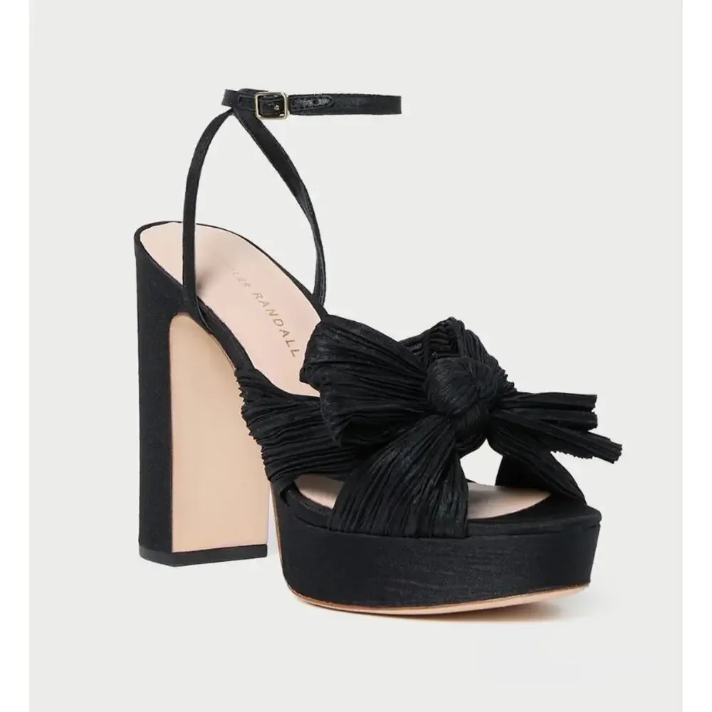 Loeffler Randall Natalia Black Silk Bow Pleated Platform Heel Sandals 6 NWT